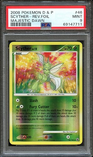 2008 Pokemon D&P Scyther Reverse Foil Majestic Dawn PSA 9 Front