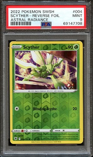 2022 Pokemon SWSH Scyther Reverse Foil Astral Radiance PSA 9 Front