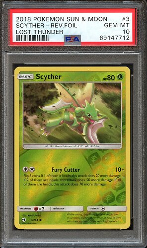 2018 Pokemon S&M Scyther Reverse Holo Lost Thunder PSA 10 Front